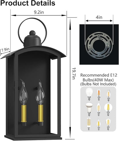 19.7IN Outdoor Wall Light Fixtures, Dusk to Dawn Exterior Lanterns Waterproof, Large Porch Sconces Wall Mounted Lighting, Modern Matte Black Front Open Window Wall Lamps for Yard, Patio