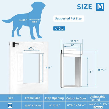 Automatic Dog Door with Doorbell Activation, 2-Flap Electronic Smart Pet Door with Anti-Pinch, No Collar Needed, Aluminum Lockable Weatherproof Telescoping Tunnel for Pets (Medium, Door Mount)