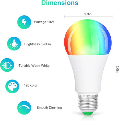 SUNNEST LED Light Bulbs, 4 Pack Dimmable E26 LED Light Bulb, 10W RGBW Color Changing Light Bulb with Remote Control, Decorative Lights, Mood Light Bulb, Great for Home Decor, Stage, Party and More
