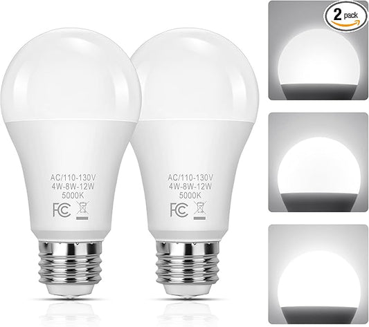 3 Way Light Bulbs 40 70 100W Incandescent Equivalent, 4/8/12W LED Dimmable A19 Three Way Light Bulbs, Daylight White 5000K 3 Way Light Bulb, 2-Pack E26 Medium Base 3 Way Bulb for Reading, Living Room
