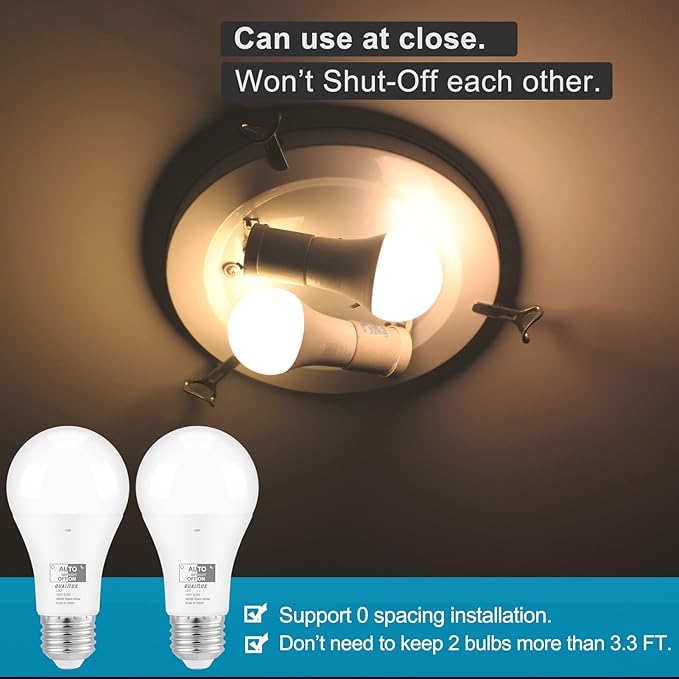 Qualilux Dusk to Dawn LED Light Bulbs Outdoor, Automatic On/Off, 60W Equivalent, Warm White 3000K, Energy Efficient 9.5W, 850 Lumen, A19, E26 Base, 2-Pack, HQ-H007