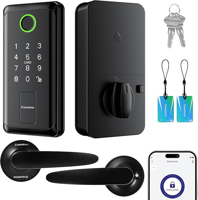 Keypad Door Lock with Handle, Electronic Digital Keypad Deadbolt with App, Keyless Entry Fingerprint Lock Auto Lock & One Touch Locking, Front Smart Door Handle Sets
