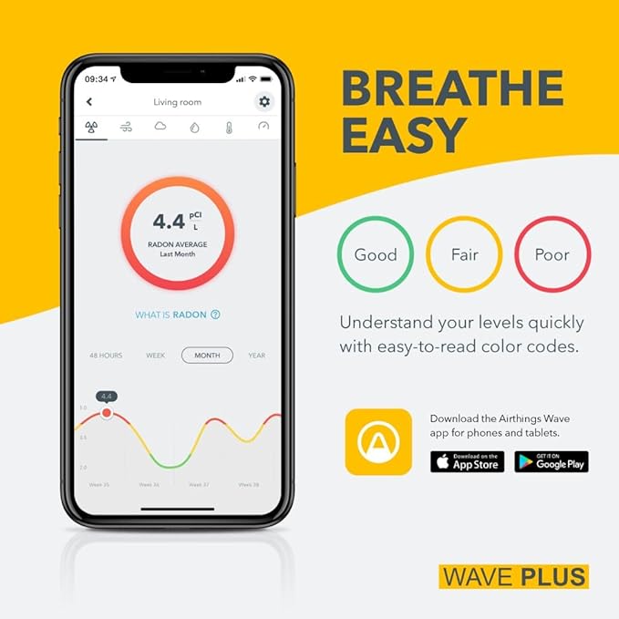 Airthings 2930 Wave Plus - Radon & Air Quality Monitor, Battery Powered (CO2, VOC, Humidity, Temp, Pressure)