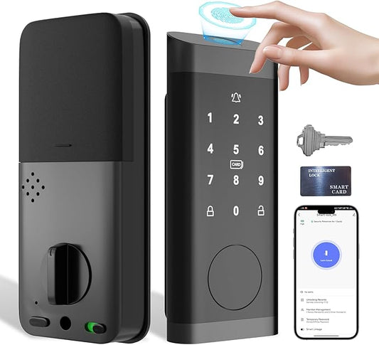 ECOSUNNY Smart Lock Keyless Entry Door Lock, Front Door Lock Set with Fingerprint & Anti-Peep Password, Smart Door Lock with Built-in Wi-Fi and App Control, IP66 Weatherproof for Rentals & Home