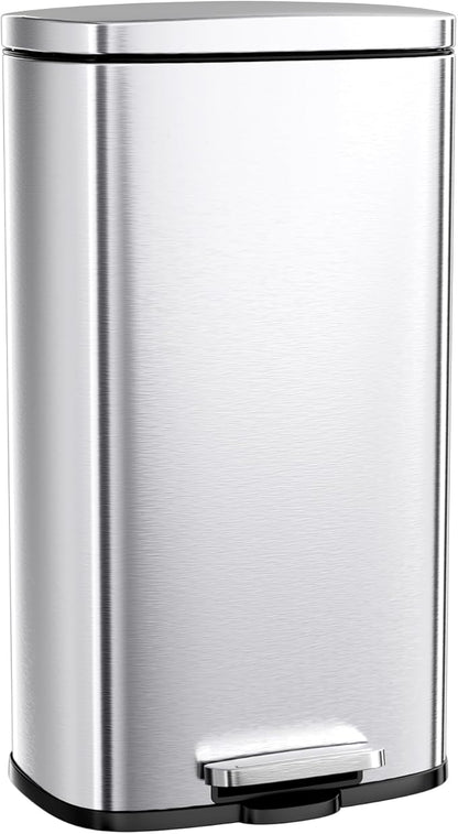 Arlopu 8 Gallon Step Trash Can, Stainless Steel Garbage Bin, Soft-Close Rubbish Bin with Removable Plastic Inner Bucket, Fingerprint-Proof, Lid Dustbin, Suit for Kitchen Home (Silver, 30L)