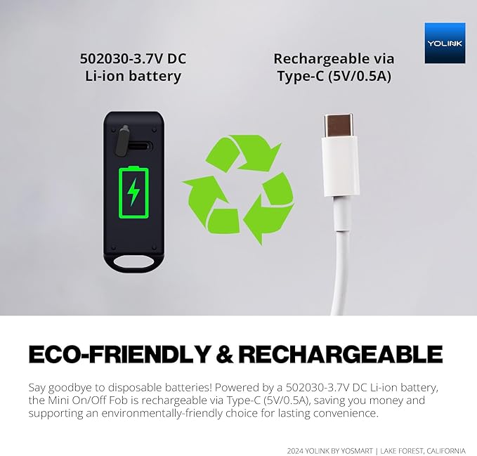 YoLink Mini On/Off Fob, Programmable, Rechargeable Smart Fob, Up to 1/4 Mile Range, Controls Up to 128 YoLink Devices (Plugs, Switches, Relays, Valves, Locks), Hub Recommended for D2D Pairing via App