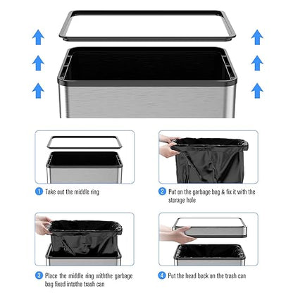 Silver 18.5 Gallon Smart Automatic Trash Can with Deodorizer Compartment, Stainless Steel Body and Mute Sensor Lid for Kitchen Office Living Room and More, Assemble Large Capacity Garbage Can