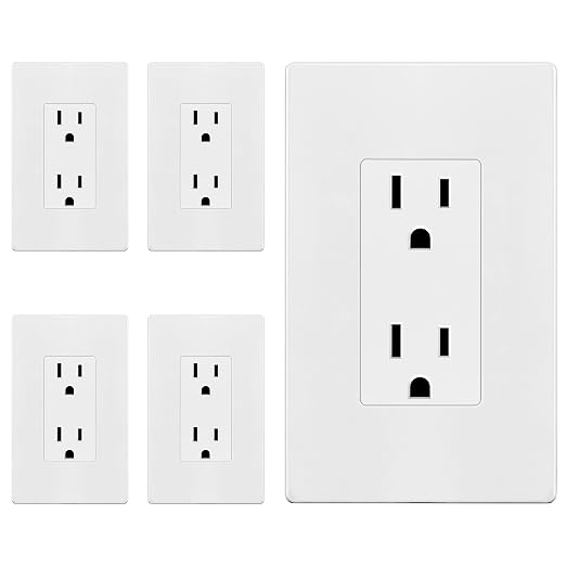 ENERLITES 5 Pack Decorator Outlet 15A Receptacle with Screwless Wall Plate | Self-Grounding, UL Listed, Standard Residential Electrical Outlets for Home, Non-Tamper Resistant, 5-15R, 125V, Glossy White