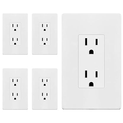 ENERLITES 5 Pack Decorator Outlet 15A Receptacle with Screwless Wall Plate | Self-Grounding, UL Listed, Standard Residential Electrical Outlets for Home, Non-Tamper Resistant, 5-15R, 125V, Glossy White