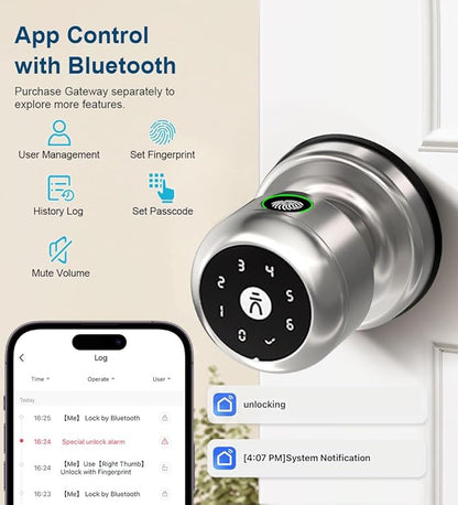 Fingerprint Door Lock, Smart Fingerprint Door Knob with Lock, Biometric Door Locks with App Control & Key, Keyless Thumbprint Entry Door Locks for Bedroom, Front Door, Apartment-Matte Silver