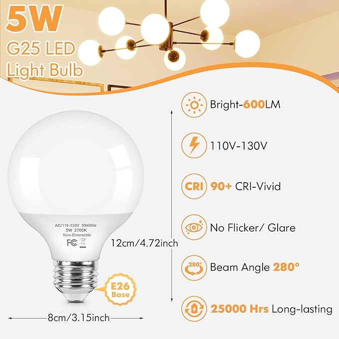 Brightever G25 LED Light Bulbs 60 Watt Equivalent, 2700K Warm White LED Globe Light Bulbs with E26 Base for Bathroom, 5W Round Light Bulb for Vanity Mirror, CRI85+, 600LM, Non-Dimmable, 4-Pack