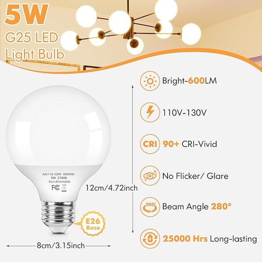 Brightever G25 LED Light Bulbs, 5W Vanity Light Bulb for Bathroom, 60W Equivalent 2700K Warm White Round Light Bulb, 600LM, E26 Base Globe Light Bulbs, 8-Pack, Non-Dimmable