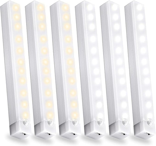 6 Pack Motion Sensor Under Cabinet Light, Magnetic Rechargeable 2 Color Under Counter Light, 8 Inch LED Closet Light for Stair Bedroom Cupboard