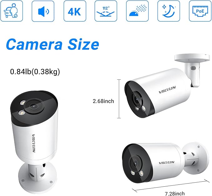 VIKYLIN 4K 8MP Starlight PoE IP Camera Outdoor, 8MP Bullet PoE Camera with AI Human Vehicle Detection, 2.8mm Lens, Built-in Mic, MicroSD 256GB, WDR, IP67, Blue Iris, NDAA Compliant