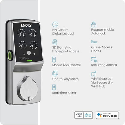 Lockly Secure Pro Wi-Fi Smart Door Lock, Keyless Entry with PIN Genie® Digital Keypad, 3D Biometric Fingerprint Sensor Front Door Lock Deadbolt, Voice Control & Auto Lock - Left Fingerprint Edition