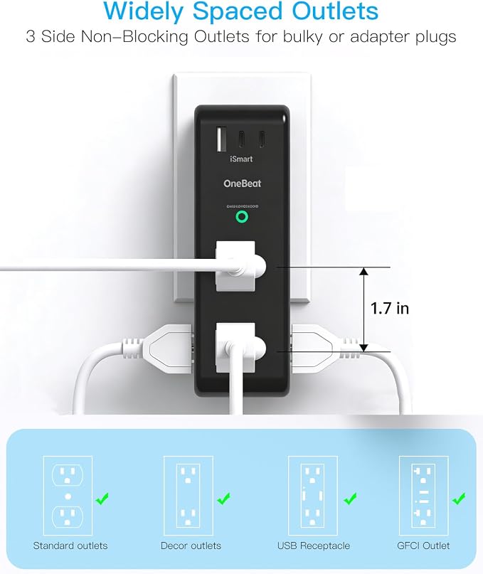 Surge Protector Outlet Extender, Multi Plug Wall Outlet,Rotating Plug,Black