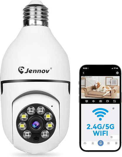 Jennov 2K Light Bulb Security Camera Wireless Outdoor, Indoor Light Socket Cameras for Home Security, Human Detection, 355°, Color Night Vision, 5G/2.4G WiFi, Screw in, Compatible with Alexa