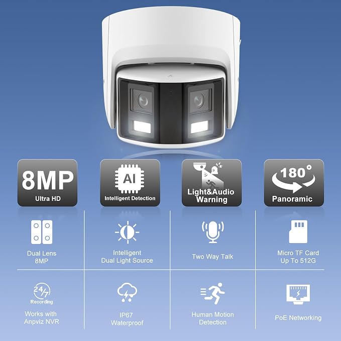 Anpviz 4K/8MP PoE Dual Lens Security Camera Outdoor 180 Degree Wide Angle