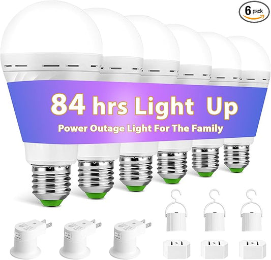 Emergency Rechargeable Light Bulbs, Stay Lights Up When Power Failure, 1500mAh 12W 60W Equivalent LED Light Bulbs for Home, Camping, Hiking (with Hook,with Plug Cap,with socket adapter) 6 Pack