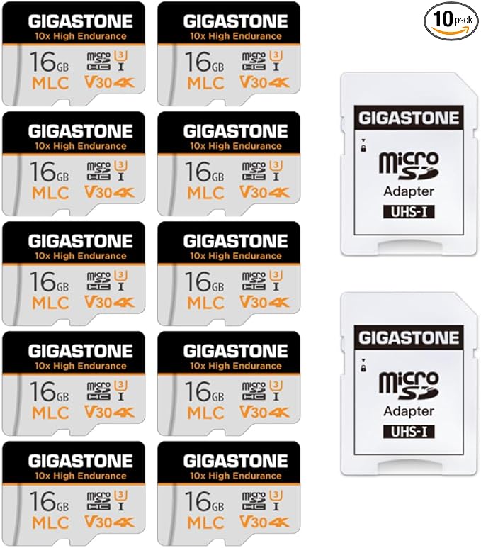 [10x High Endurance] GIGASTONE Industrial 16GB MLC Micro SD Card 10-Pack, 4K Video Recording, Security Cam, Dash Cam, Surveillance Compatible 95MB/s, U3 C10, with Adapter [5-Yrs Free Data Recovery]