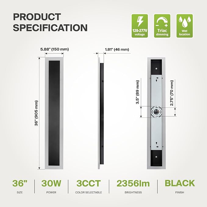 ASD LED 36" Long Wall Mount Light Fixture, Outdoor & Indoor Linear Sconce | 3CCT, Dimmable, Waterproof, Anti-Rust, ETL Listed | 30W 2350LM 3000-5000K 100-277V | Exterior Porch Lighting | Black