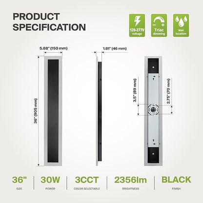 ASD LED 36" Long Wall Mount Light Fixture, Outdoor & Indoor Linear Sconce | 3CCT, Dimmable, Waterproof, Anti-Rust, ETL Listed | 30W 2350LM 3000-5000K 100-277V | Exterior Porch Lighting | Black