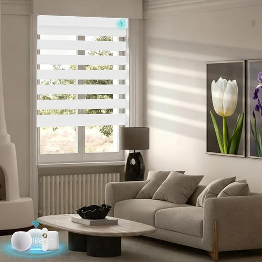 Motorized Zebra Blinds with Remote, Work with HomeKit Alexa, Smart Light Filtering Horizontal Automatic Electric Window Shades for Home Office Customsize (100% Blackout Pure White)