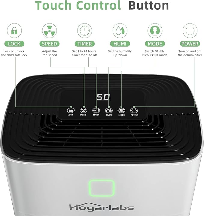 HOGARLABS 50 Pint Dehumidifiers for Home and Basements, with 3 Working Modes, Overflow Protection, and Auto Shut off Restart. Ultra Silent Dehumidifier with Drain Hose and Digital Control Panel.