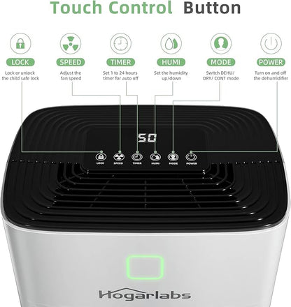 HOGARLABS 50 Pint Dehumidifiers for Home and Basements, with 3 Working Modes, Overflow Protection, and Auto Shut off Restart. Ultra Silent Dehumidifier with Drain Hose and Digital Control Panel.