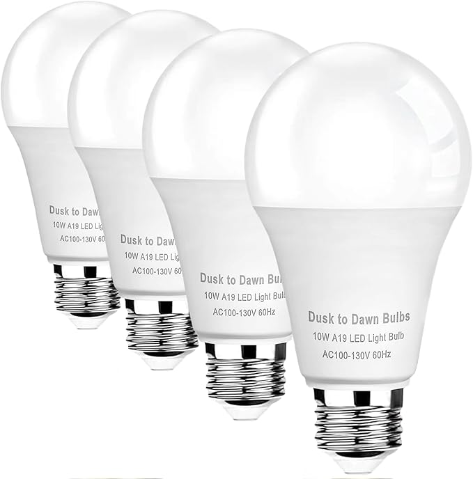 4-Pack 10W Dusk to Dawn LED Light Bulbs, Equivalent 75W, 4000K Cool White, 1100LM, Auto On/Off Light Sensor, A19 Bulbs, E26 Base, Outdoor/Indoor Use, Energy Efficient (Non-Dimmable)