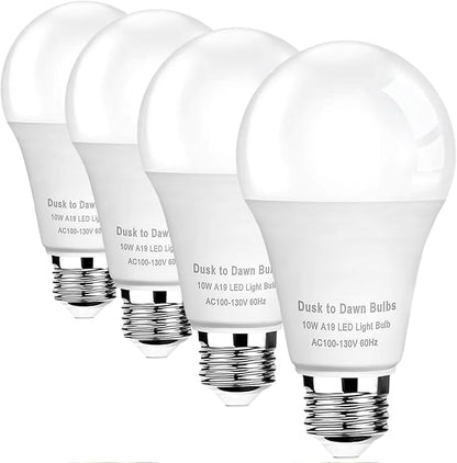 4-Pack 10W Dusk to Dawn LED Light Bulbs, Equivalent 75W, 4000K Cool White, 1100LM, Auto On/Off Light Sensor, A19 Bulbs, E26 Base, Outdoor/Indoor Use, Energy Efficient (Non-Dimmable)