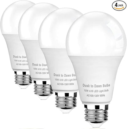 4 -Pack Dusk to Dawn Light Bulbs Outdoor,75 Watt Equivalent, Sensor 10W A19 LED Light Bulb,2700K Warm White 1100 Lumens, Auto on/Off Photocell Automatic for Outdoor Lighting