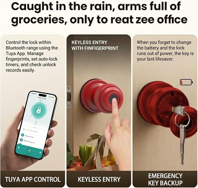 Smart Fingerprint Door Lock Knob, Tuya App Keyless Entry, Red