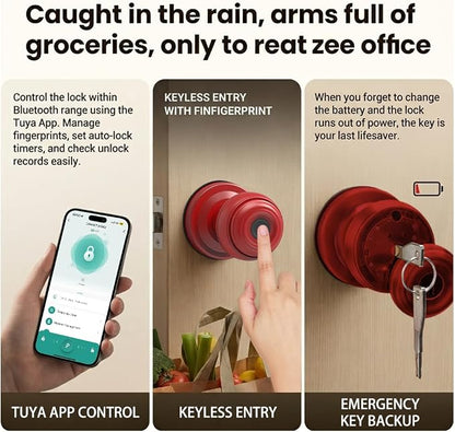 Smart Fingerprint Door Lock Knob, Tuya App Keyless Entry, Red