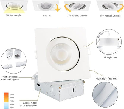 KnLnny Ware Square Gimbal Recessed Lighting 4 Inch 6 Pack,Eyeball Led Lights with Junction Box,5CCT Selectable,9W 750LM,Dimmable