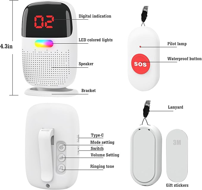 Caregiver Pager System with Digital Display for Elderly Assistance, Fall Prevention, and Nurse Calling，Wearable Wireless Pager for Patient Help at Home (2 Call Buttons + 2 Receivers)