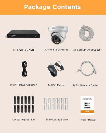 16 Channel Security Camera System, 12x 5MP Wired IP PoE Dome Camera w/Smart Spotlight Color Night Vision, AI Human Detection, Built-in Mic, Remote Access, 4K 16CH NVR 4TB HDD, PD93BA1216-5MD
