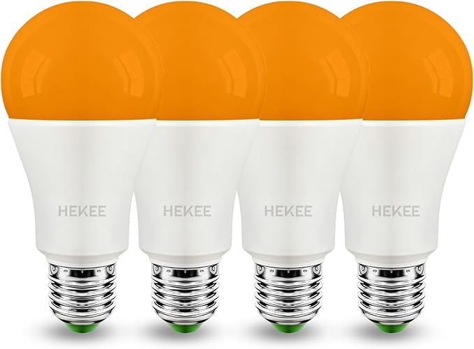 HEKEE Dusk to Dawn Light Bulbs A19 8W 900 Lumens, Outdoor Porch Lights, 60 Watt Equivalent, Amber LED Orange-Yellow Sensor Bulb, Security Bulb(Auto On/Off), E26 Screw Base(4 Pack)