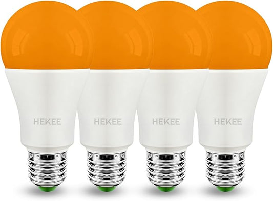 HEKEE Dusk to Dawn Light Bulbs A19 8W 900 Lumens, Outdoor Porch Lights, 60 Watt Equivalent, Amber LED Orange-Yellow Sensor Bulb, Security Bulb(Auto On/Off), E26 Screw Base(4 Pack)