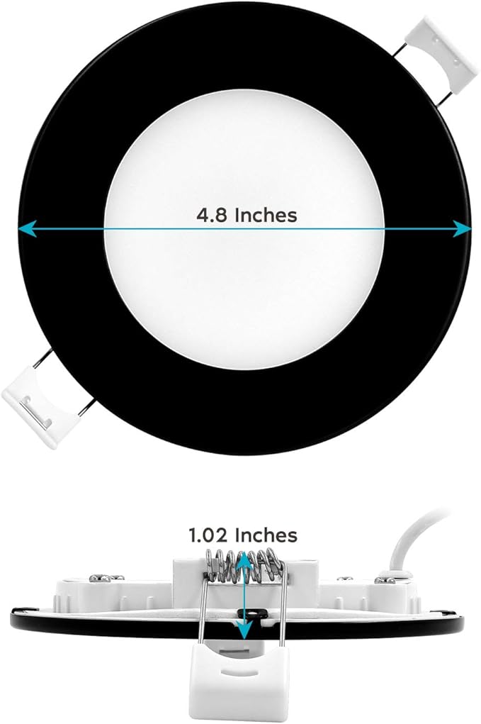 LUXRITE 4 Inch Ultra Thin LED Recessed Light with J-Box, 10W, 5 Color Options 2700K | 3000K | 3500K | 4000K | 5000K, Dimmable Wafer Lights, 750 Lumens, Black Trim, Energy Star, IC Rated