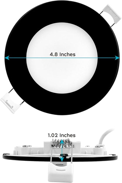LUXRITE 4 Inch Ultra Thin LED Recessed Light with J-Box, 10W, 5 Color Options 2700K | 3000K | 3500K | 4000K | 5000K, Dimmable Wafer Lights, 750 Lumens, Black Trim, Energy Star, IC Rated