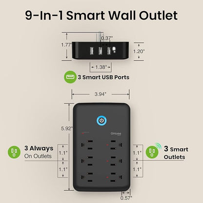 GHome Smart Power Strip, 1800W/15A High Power Devices Support Surge Protector Extension Cord, 9 in 1 Smart Plugs that Works with Alexa Google Home, 2.4 GHz WiFi Wall Outlet Extender, No Hub Needed