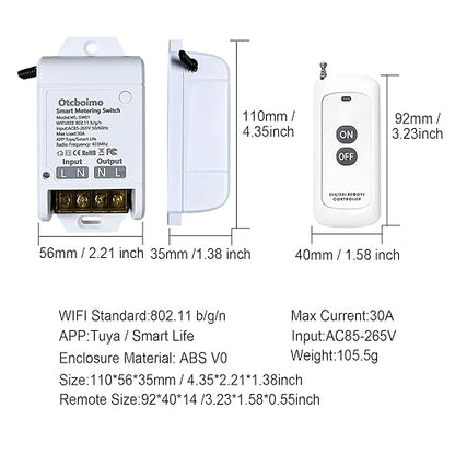 30A Heavy Duty WiFi Wireless Smart Switch with Energy Monitoring, DIY Switch for Smart Home Automation, Tuya APP / RF433Mhz 328FT Remote Control, Timer, Compatible with Alexa & Google Home