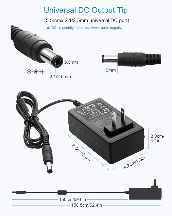 ALITOVE 12V 3A Power Supply DC 12 Volt AC Adapter 36W 2.5A 2A 1.5A 1A Replacment Power Cord Converter Transformer 4.92Ft with 10 Tips for LED Strip Light CCTV Security Camera Router PC Monitor
