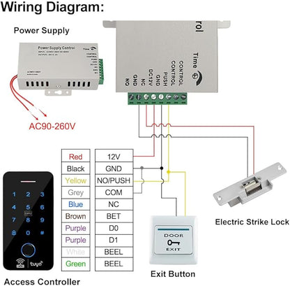 WiFi Tuya Fingerprint Access Control System Kits Biometrics Waterproof RFID Keypad 125KHz 13.56MHz with Electric Strike Door Lock, DC12V3A Power Supply, 10pcs RFID Keyfobs Tags