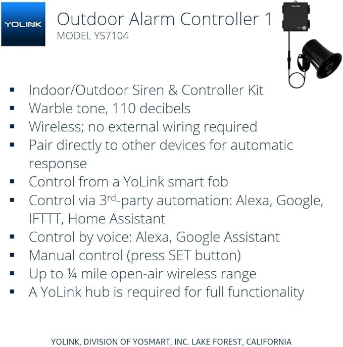 YoLink Hub, Outdoor Security Siren & Smart Alarm Controller and SirenFob Kit - Loud 110 dB, Wireless, Battery-Powered, 1/4 Mile Range, Android-iOS App, Alexa, Google, IFTTT, Home Assistant
