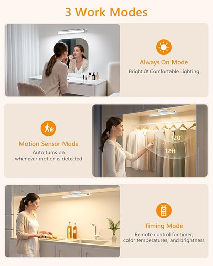 WILLED 3W Motion Sensor Rechargeable Light Bar with Remote, Eye-Care Under Cabinet Lights with Battery Level Display, Vanity Lights for Mirror, Led Light Bar for Cabinet, Closet, Desk and Bathroom