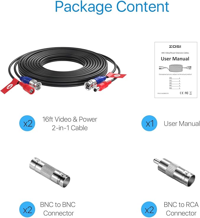 ZOSI 2 Pack 16ft 2-in-1 BNC Video Power Cables, 5M bnc Extension CCTV Wire Cord for Security Camera dvr Surveillance System (Black, with BNC RCA Connector)