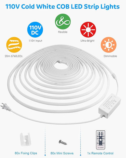 Aclorol AC 100-120V 65.6FT White COB LED Strip Lights Outdoor Waterproof Dimmable COB Light Strip Cold White 6000K Plug and Play for Commercial Building Lighting 288Leds/M with Remote Control