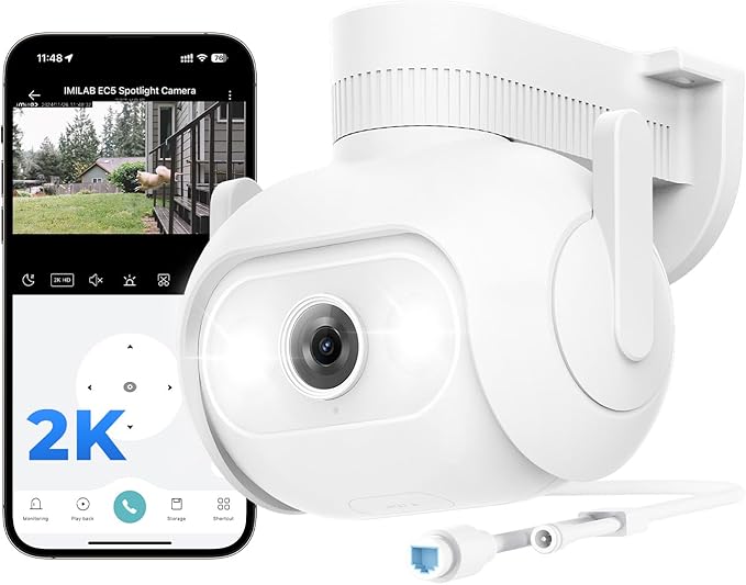 IMILAB Wired Security Camera Outdoor: 2K WiFi/LAN Camera with Spotlight, 360° PTZ Surveillance, Color Night Vision, Auto Deterrence, Weatherproof, 7/24 Local Recording, No Monthly Fee